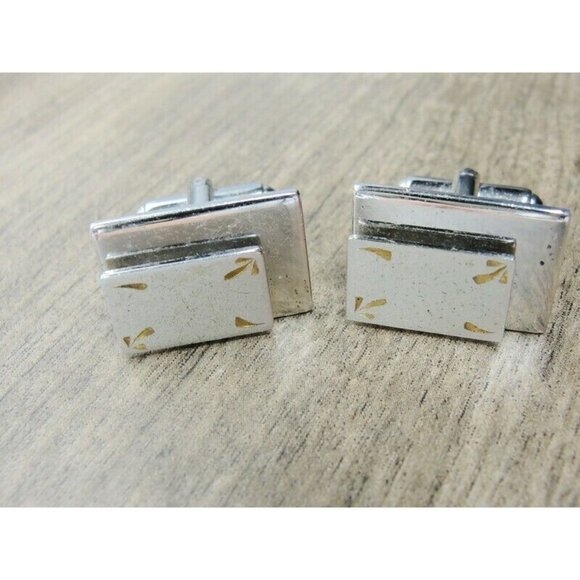 Rectangular Cufflinks Polished Brushed Silver Tone Tux Shirt Dress Suit Vintage - Picture 2 of 7